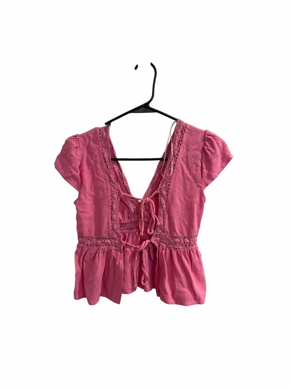 Women’s Pink Lace-Trim Peplum Tie-Front Top